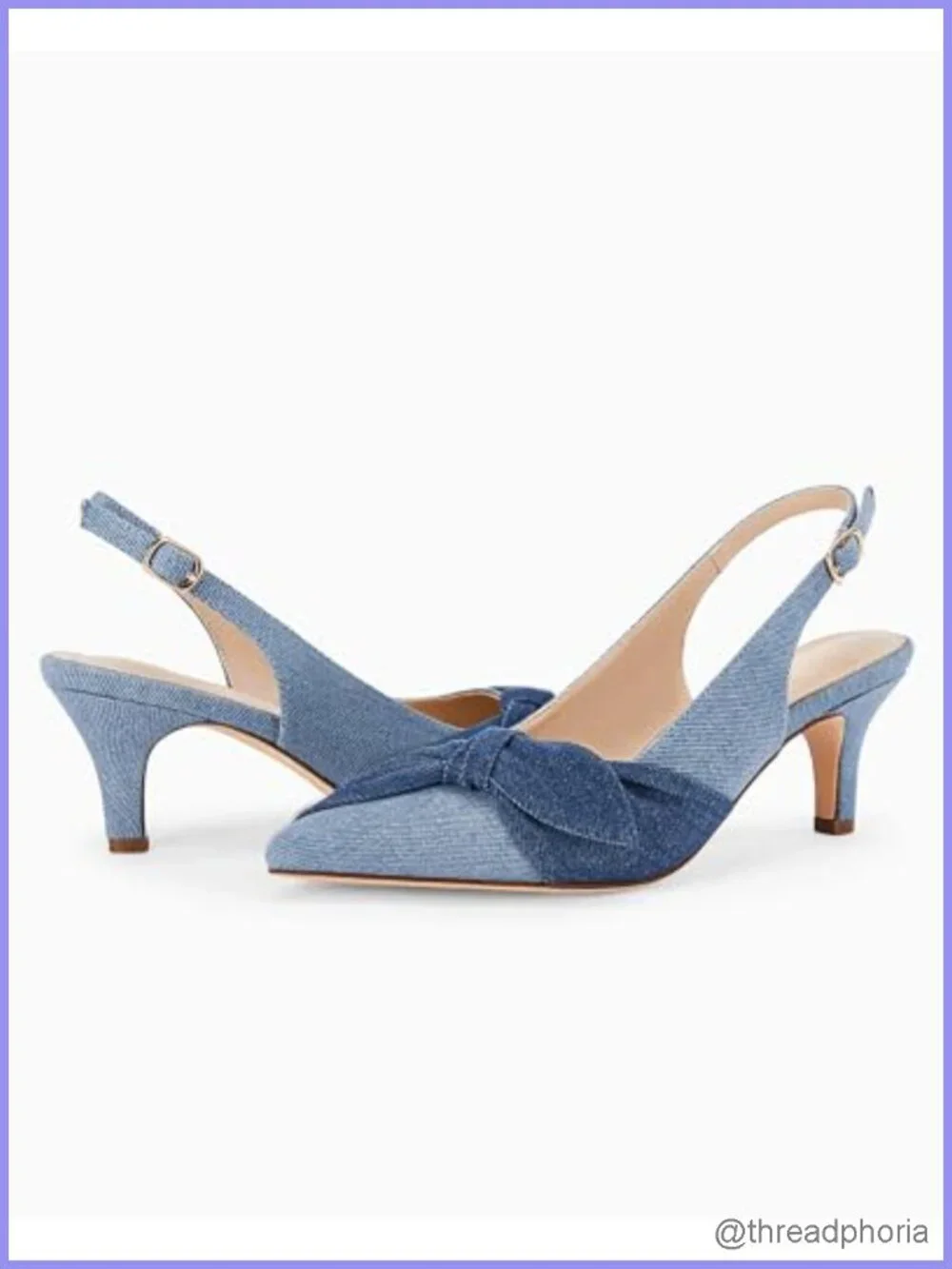 Coutgo Women's Denim Slingback Kitten Heels Peep-Toe Pumps Side Bow Knot